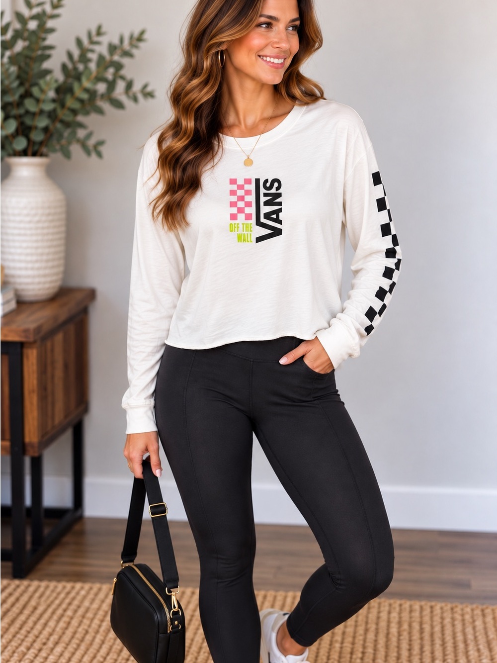 Vans Cream Long-Sleeve Tee with Checker Sleeve and Logo